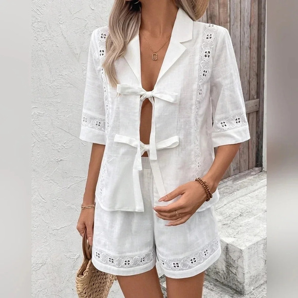 Women's Solid Color Simple Casual Short Sleeve T-Shirt And Shorts Set For Daily - Picture 2 of 5